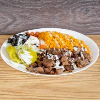 Lamb Gyro Platter · Pieces of juicy lamb served on our flavorful rice. Completed with your choice of mixed salad...