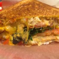 10. Roasted Chicken Melt · Rye bread, roasted chicken, fresh tomato, mixed greens, mayo and Swiss.
