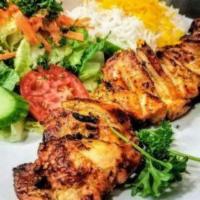 Boneless Chicken Kabob · Boneless, skinless, chunks of chicken thigh meat marinated, skewered and broiled over open f...