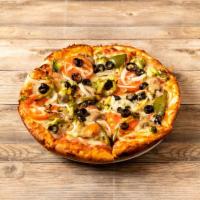 Vegetarian Pizza · Peppers, sliced tomato, onions, mushroom, eggplant, black olives, broccoli.