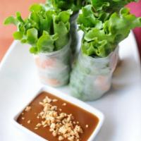 Fresh Summer Roll · Green leaf, cucumber, tofu, rice noodle, mixed salad, basil and ginger wrapped in rice paper...
