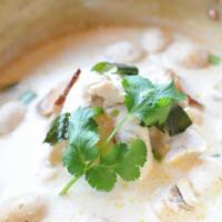 Tom Kha Soup · Rich and creamy coconut milk broth with mushrooms, lemongrass, and lime juice. Gluten free.