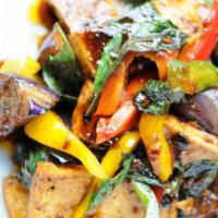 57. Eggplant · Sauteed eggplant with basil, bell peppers and black bean sauce.