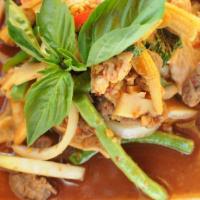 66. Sunny Delight · Combination of beef, pork, and chicken with bamboo shoots, baby corn, green beans, bell pepp...