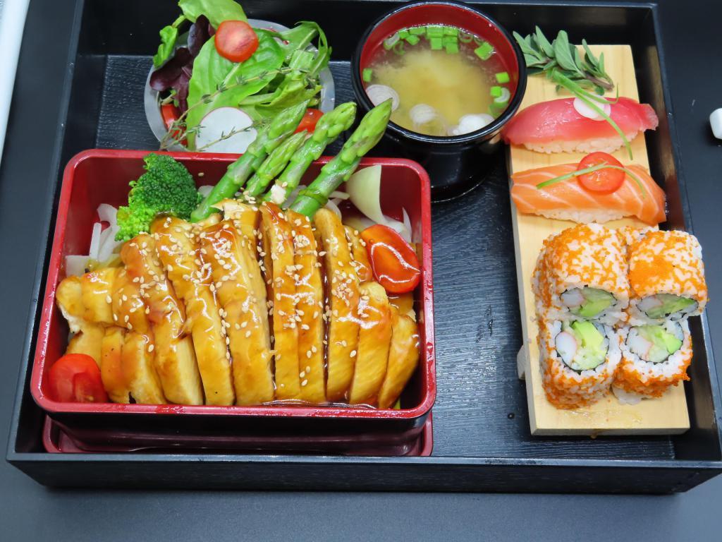 Chicken Teriyaki Bento Box · Served with miso soup, green salad, California roll, shumai, shshi and rice.