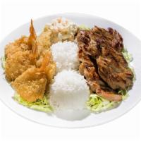 Seafood Combo Plate · Fried mahi mahi, fried shrimp and your choice of BBQ. Served with 2 scoops rice and 1 scoop ...
