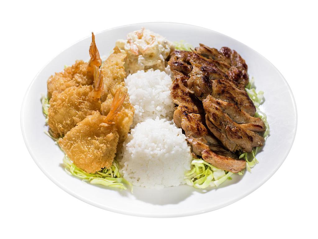 Seafood Combo Platter · White fish, shrimp and choice of chicken katsu, BBQ beef or kalbi short ribs.