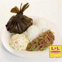 Kalua Pork and Lau Lau Plate · Hawaiian style pulled pork and authentic Hawaiian entree made with pork, fish and taro leave...