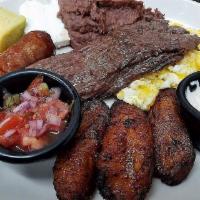 H1. Hondurean Dinner · Steak, sausage, red beans, 2 eggs, tortilla 1, cheese, cream and pico de gallo.
