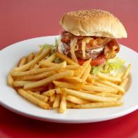 Chef's Favorite Cheeseburger · 4 oz. Angus beef cheeseburger on a grilled bun, lettuce, tomato, pickles, grilled onions, ba...