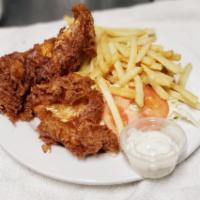 Beer Battered Fish & Chips · Breaded with homemade beer batter. Deep fried Cod fish with coleslaw. Served with your choic...