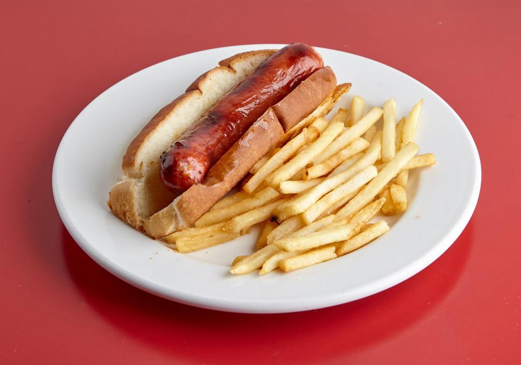 Hot Dog · Grilled hot dog on a bun. Served with your choice of side.