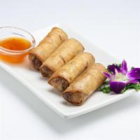 Spring Rolls · Crispy rolls stuffed with ground chicken, glass noodle, cabbage, taro and carrot served with...