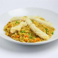 Curry Fried Rice · Steamed rice, pea-carrot, garlic, curry powder and egg.