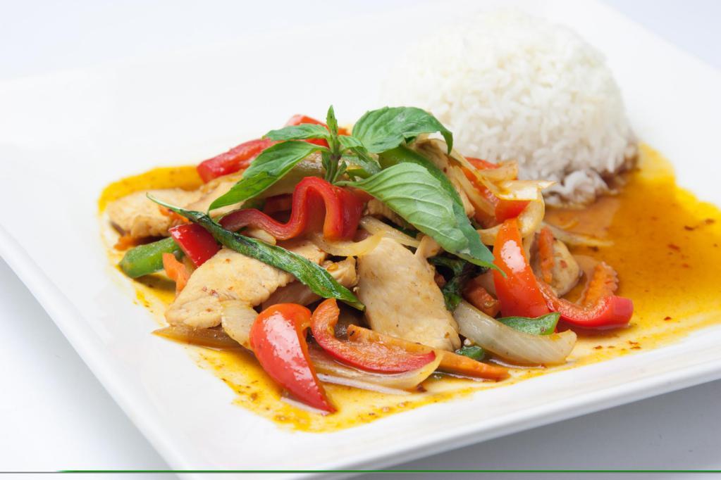 Hot Basil · Red & green bell pepper, carrot, onion, garlic, basil leaves ,chili sauce served with steamed rice.