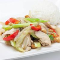Cashew Nut · Red bell pepper, onion, celery, scallion, cashew nut , soy sauce served with steamed rice.
