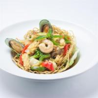Bangkok Seafood · Stir fried shrimp, calamari, fish, green mussel with red & green bell pepper, mushroom, basi...