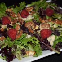 Candied Walnut Raspberries Gorgonzola Salad · Candied walnuts, raspberries, gorgonzola, spring mix salad & raspberry vinaigrette
