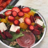Buongusto Salad · Strawberry, feta cheese, walnuts, mandarine orange and mixed greens with raspberry vinaigret...
