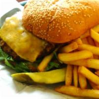 Regular Burger · Served with black Angus ground round and served on a toasted bun with french fries.