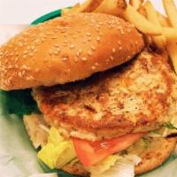 Garden Burger · All natural meatless patty with lettuce, tomatoes, pickles on a toasted bun. Served with fre...