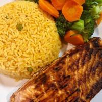 Grilled Salmon · Served with choice of rice, french fries or vegetables.