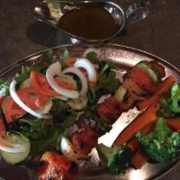 Vegetarian Shish Kabob · Peppers, onions, tomatoes, mushrooms and pineapple. Served with rice & fries, or Spanish fri...