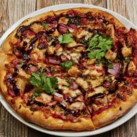 BBQ Chicken Pizza · Fresh cilantro, red onion, grilled chicken breast, BBQ sauce and fine mozzarella cheese