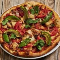 Santa Fe Chicken Pizza · Cilantro, red onion, tomato, avocado and fine mozzarella cheese.