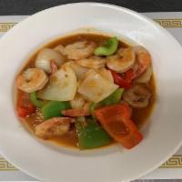 37. Prawn Curry · Prawn cooked with yellow onions, red and green bell peppers, cilantro and house special toma...