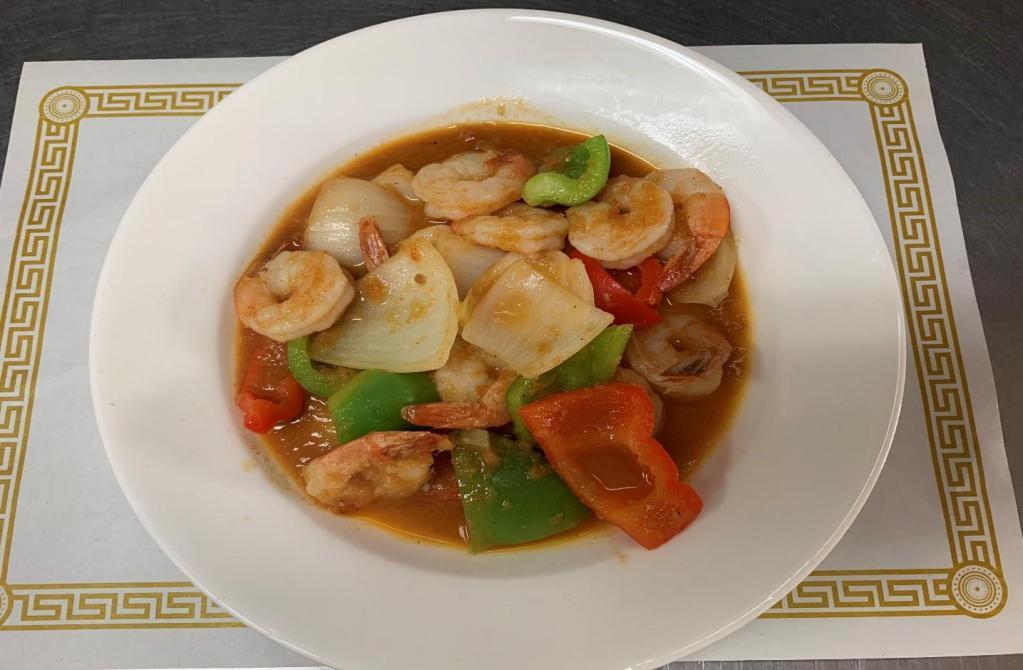 37. Prawn Curry · Prawn cooked with yellow onions, red and green bell peppers, cilantro and house special tomato curry paste.
