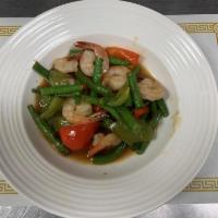 41. Green Bean Shrimp · Green bean stir fry with shrimp, green onions, red and green peppers.
