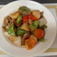 43. Pineapple Chicken · Diced pineapple stir fry with chicken, green onions, red and green peppers.