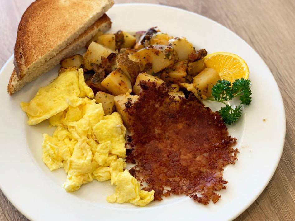 Granny's Hash · Corned beef hash, plus 2 eggs any style, breakfast potatoes and toast. Includes 2 farm-fresh eggs any style, breakfast potatoes or hashbrowns and choice of toast: white or whole wheat.