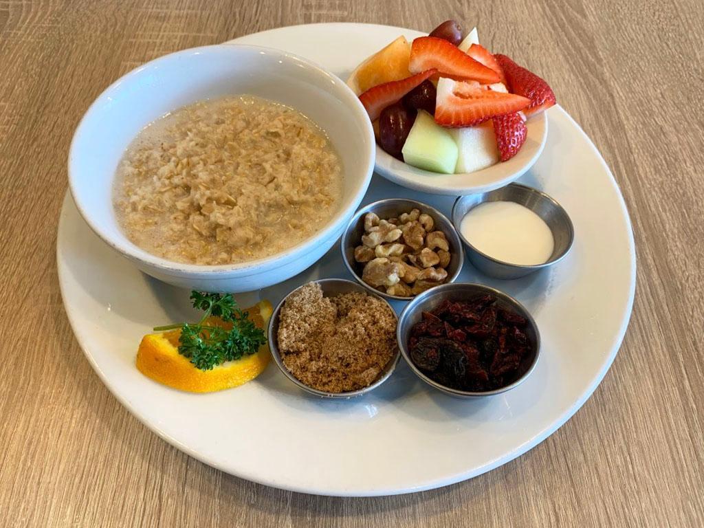 Rise and Shine Oatmeal Plate · Quaker oatmeal, walnuts, brown sugar, raisins and fresh fruit cup.