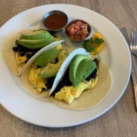 Veggies and Egg Taco · Scrambled eggs, avocado, black beans, pico de gallo and fresh cilantro. Vegetarian.
