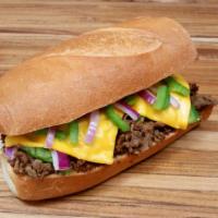 Cheese Steak Sub · Served toasted. Thin sliced steak, melted American cheese, toasted with onion and bell pepper.