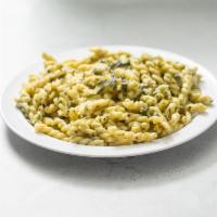 Pesto Pasta · Fresh basil pesto made with extra virgin olive oil, Romano cheese and garlic.