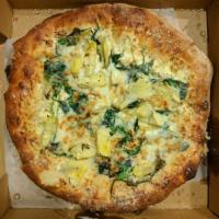 The Bianco Pizza · Extra virgin olive oil, artichoke hearts, garlic, spinach, provolone, and ricotta.