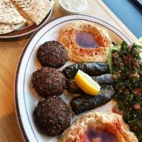 MVP Veggie Sampler · Hummus, Baba Ghanoush, Tabouleh, 3 Falafel, and 3 Dolma. Can only substitute for what is alr...