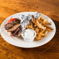 Beef  & lamb Gyro platter · Beef and lamb gyro . Served with your choice of french fries, lemon potatoes or rice, and a ...