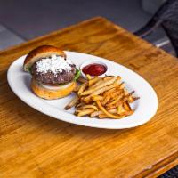 Grass -Fed Greek Burger · With Greek feta cheese, prime chuck sirloin, onions, lettuce and tomato on a brioche bun
