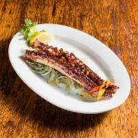 App Octopus · Grilled sushi quality octopus, red onions, dill, peppers and capers.