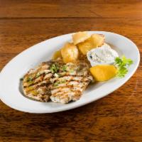 Chicken Breast platter · Marinated and grilled with ladolemono and oregano. Served with your choice of french fries, ...