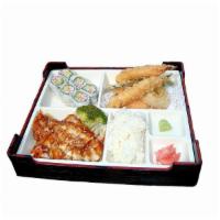 K18. Combination Box · Served with California roll and combination of your choice of two items. Served with soup, s...