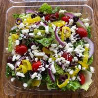 Side Greek Salad · Romaine Lettuce, Feta Cheese, Red Onions, Roma Tomatoes, Kalamata Olives, Pepperoncini Pepper.