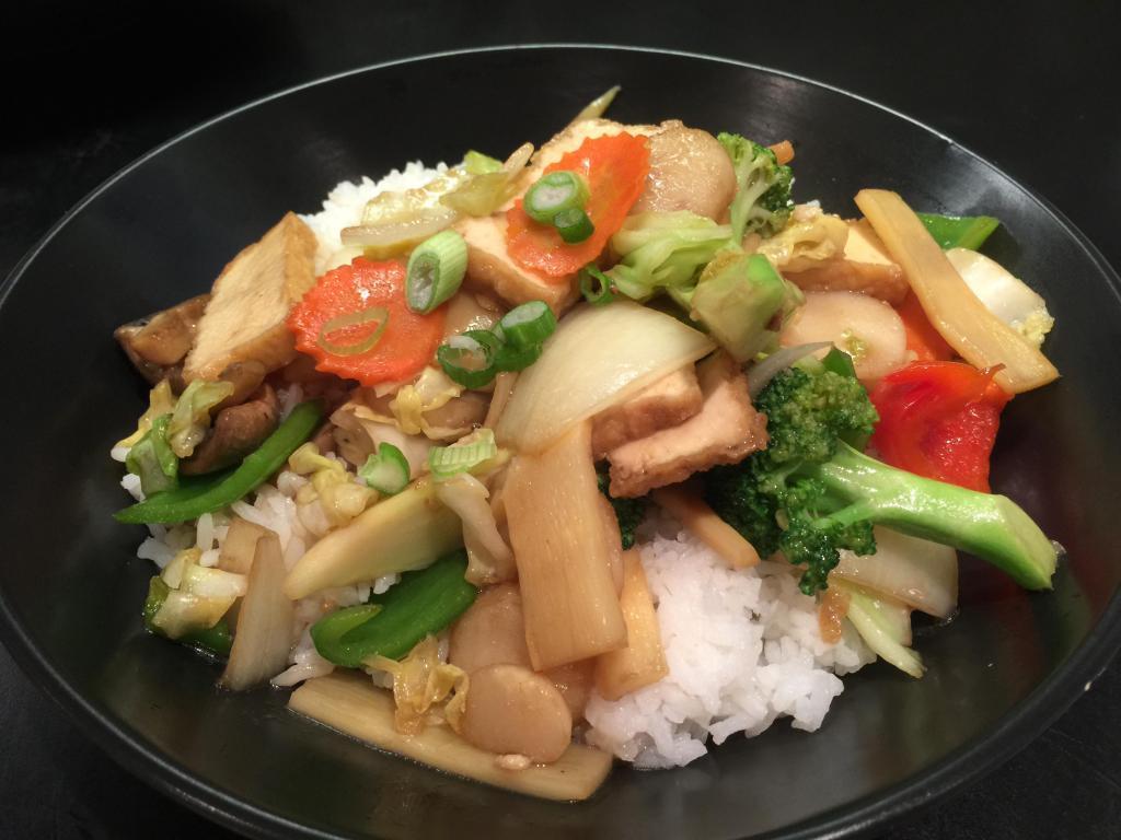 Veggie Delight · Mix veggies and tofu served over rice. Vegetarian.