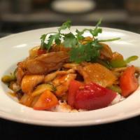 Sweet and Sour · Wok fried with our house sweet and sour sauce, tomatoes, cucumber, onions, bell peppers and ...
