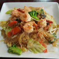 Shrimp Pad Woonsen · Stir-fried glass noodles with shrimp, egg, onions, tomatoes, mushrooms, broccoli, celery and...