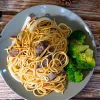 Beef Lo Mein · Soft noodles stir fried with beef and onion, snow peas, carrots and bean sprouts in brown sa...